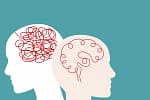 deux formes de visages avec des traits rouges au niveau du cerveau pour illustrer la reprogrammation de l'inconscient en hypnose