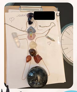 Séance magnétisme à distance - feuille témoin portant le nom et la silhouette de la personne, avec un pendule et des pierres de lithothérapie