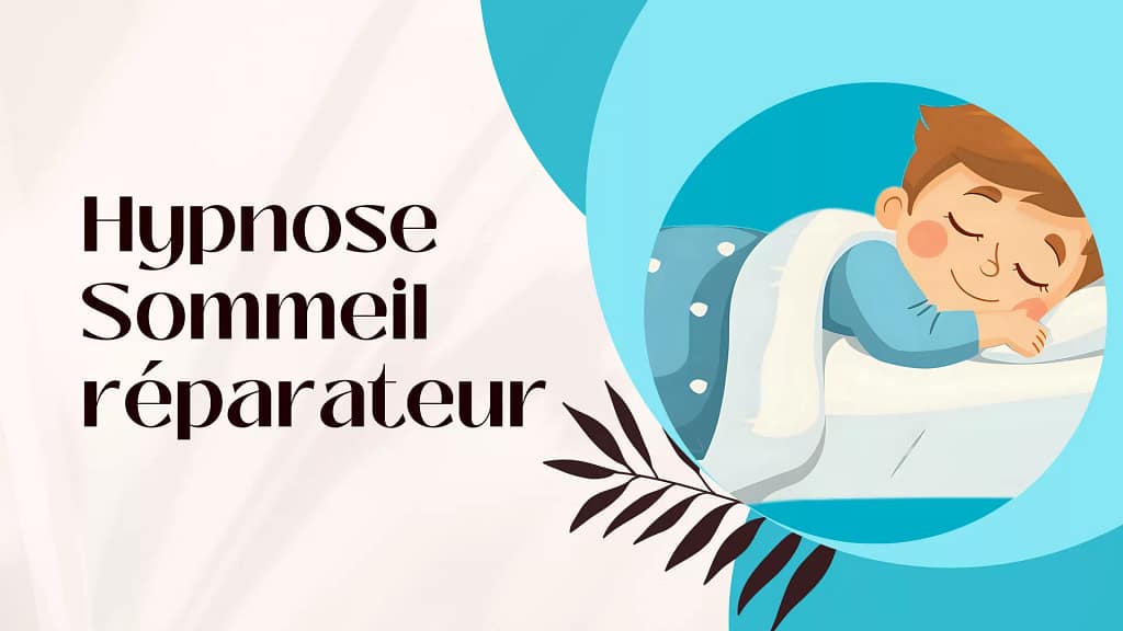 Hypnose sommeil réparateur - illustré par un personnage dessiné qui dort dans son lit en souriant