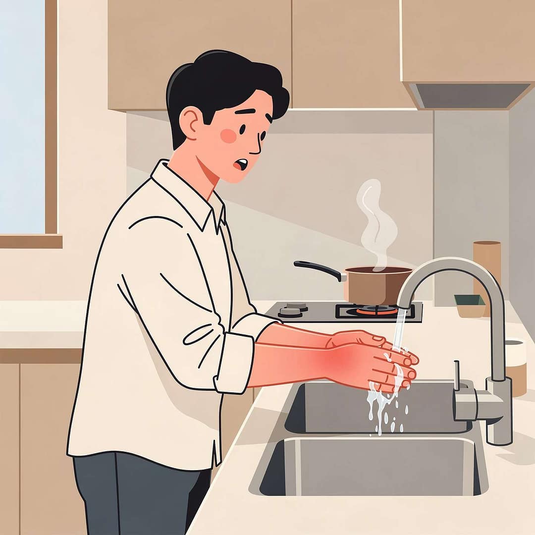 homme dans une cuisine se passant les mains sous l'eau du robinet. Il a le poignet rouge probablement à cause d'une brûlure. En arrière plan, une casserole fume sur la plaque de cuisson à gaz.