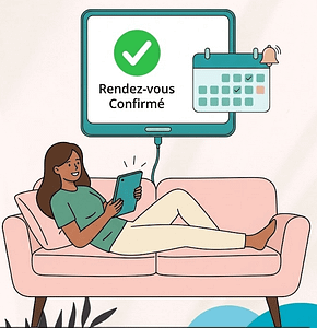 femme dans son canapé avec une tablette, l'affichage dit rendez-vous confirmé