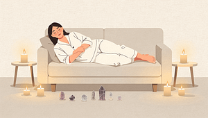 détente relaxation bien-être femme allongée dans un canapé avec des bougies autour