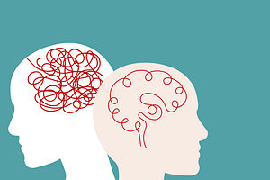 deux formes de visages avec des traits rouges au niveau du cerveau pour illustrer la reprogrammation de l'inconscient en hypnose