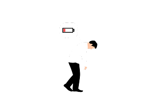 homme très fatigué qui marche penché la tête en avant les bras pendants avec un symbole de batterie faible au-dessus de lui