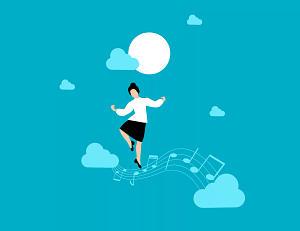 femme qui dans dans le ciel, sur des notes de musique reliant deux nuages pour illustrer le bien-être ressenti après une séance d'hypnose ou un nettoyage énergétique