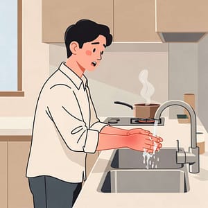 homme qui s'est brûlé la main en cuisinant et la passe sous le robinet d'eau froide