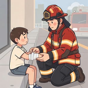 pompier qui fat un bandage à un enfant