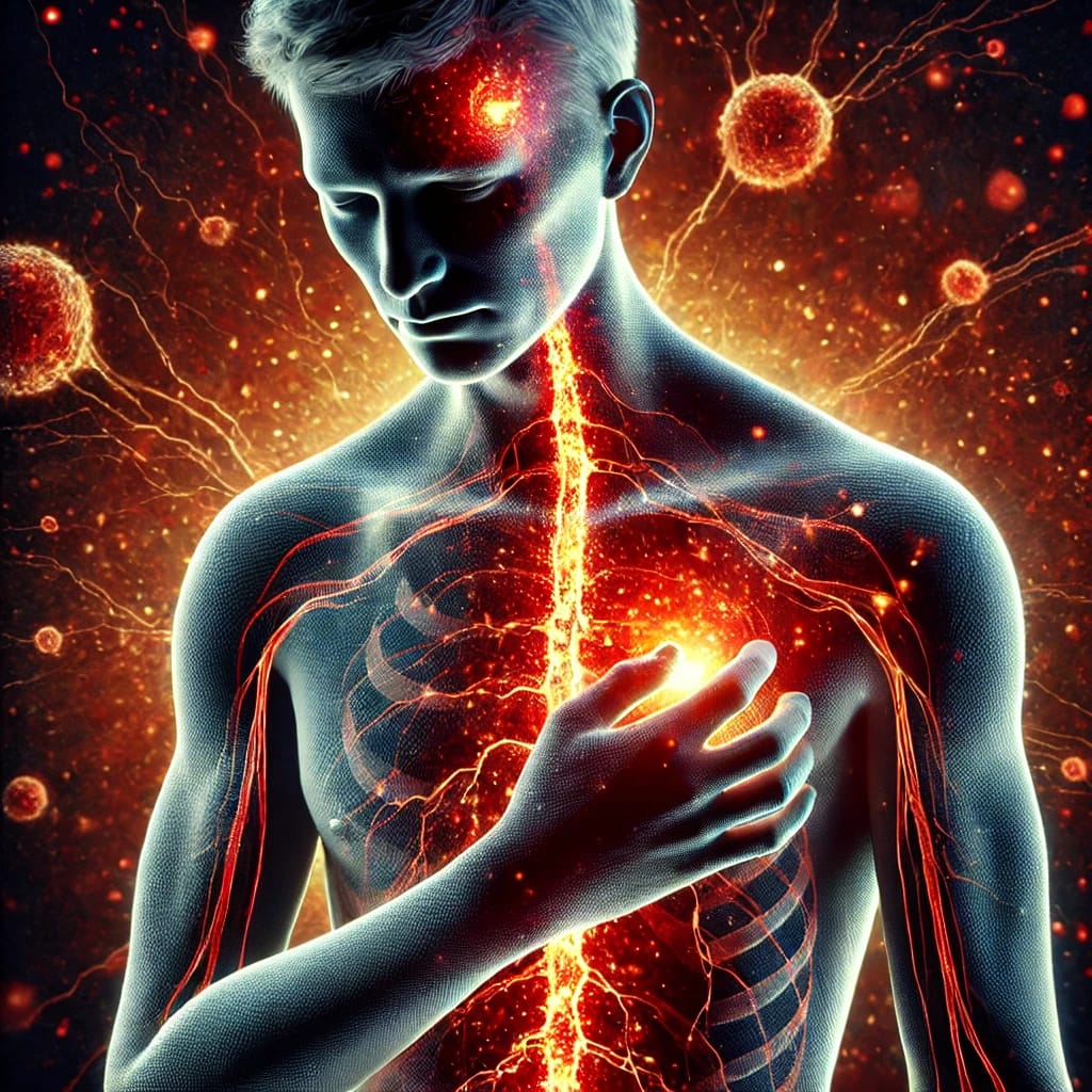 image générée par IA représentant un homme avec la colonne vertébrale rouge comme de la lave et des flux à l'intérieur de son corps pour illustrer la douleur du zona