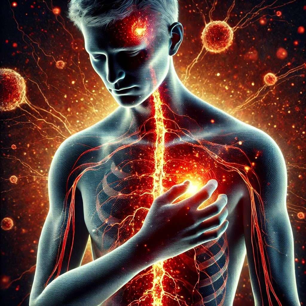 image générée par IA représentant un homme avec la colonne vertébrale rouge comme de la lave et des flux à l'intérieur de son corps pour illustrer la douleur du zona