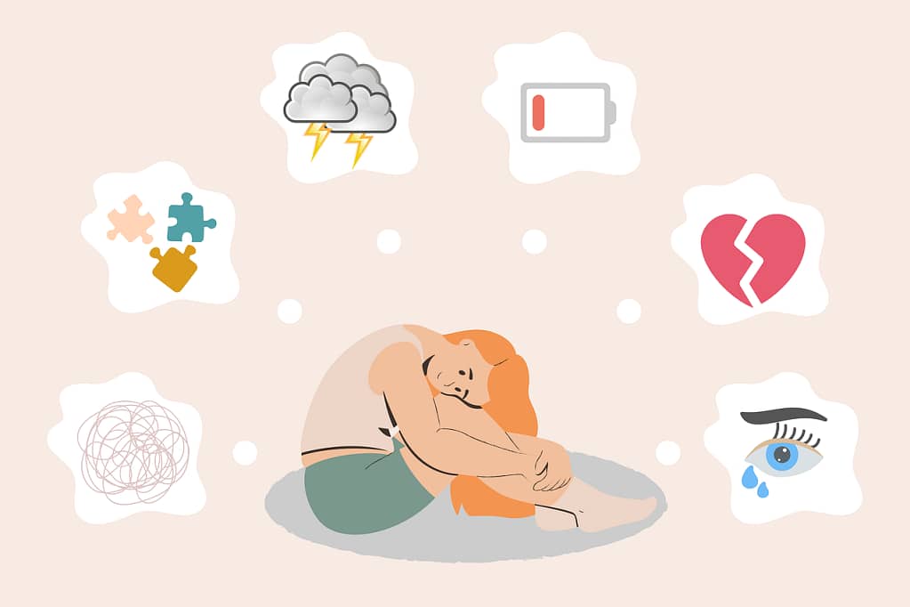 femme avec dessins illustrant le mal-être et le besoin d'un soin énergétique ou du magnétisme pour aller mieux