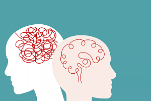 image avec deux formes de têtes de profil, avec des traits rouges au niveau du cerveau pour représenter les pensées et l'action de l'hypnose