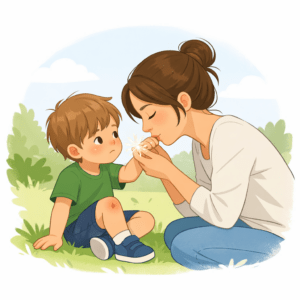 femme adulte faisant un bisou à un enfant qui vient de se faire mal pour illustrer l'empathie